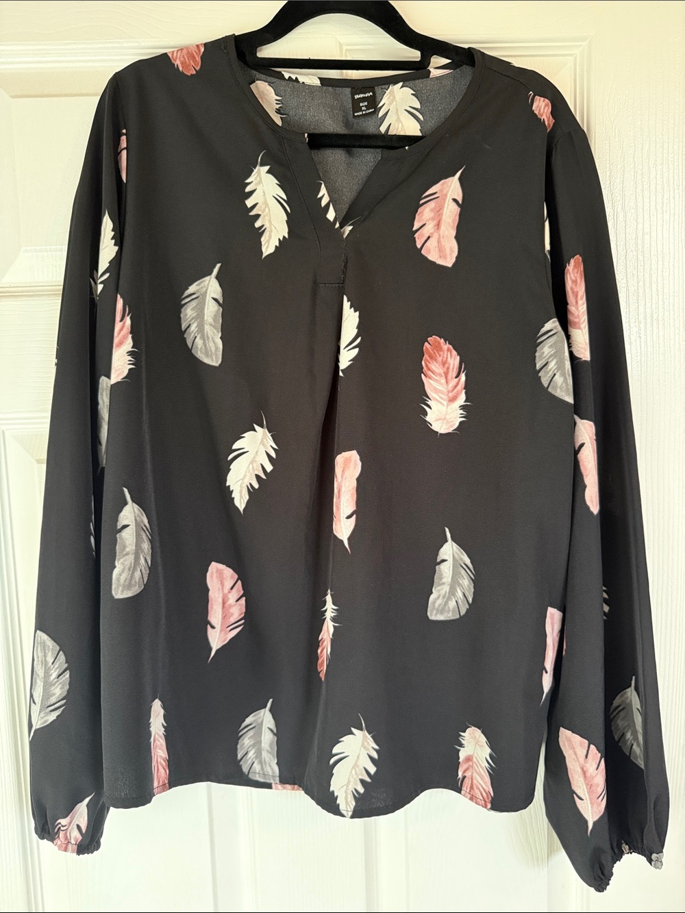 Women’s Feather-Print Blouse - Black with Pink & Gray Feathers
